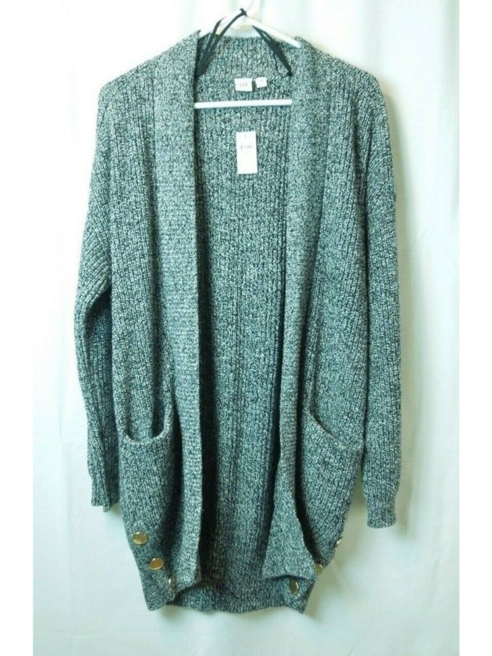 Women's Gap Black White Long Thick Knitted Cardigan w/ Gold Buttons Size XS/S